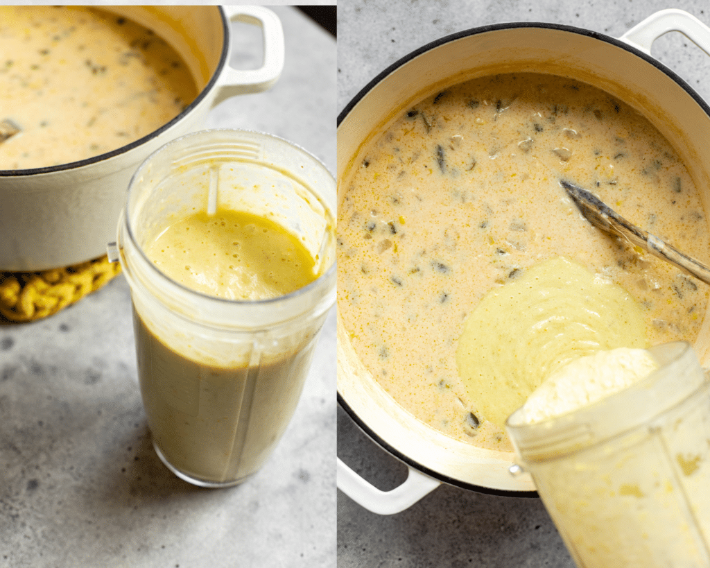 a portion of the soup blended and being added back into the soup in a dutch oven. 