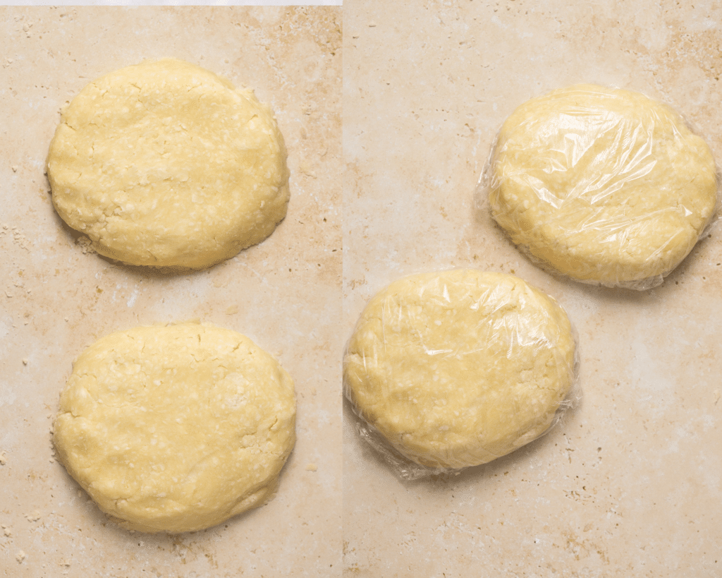 pie crust dough wrapped in plastic wrap. 