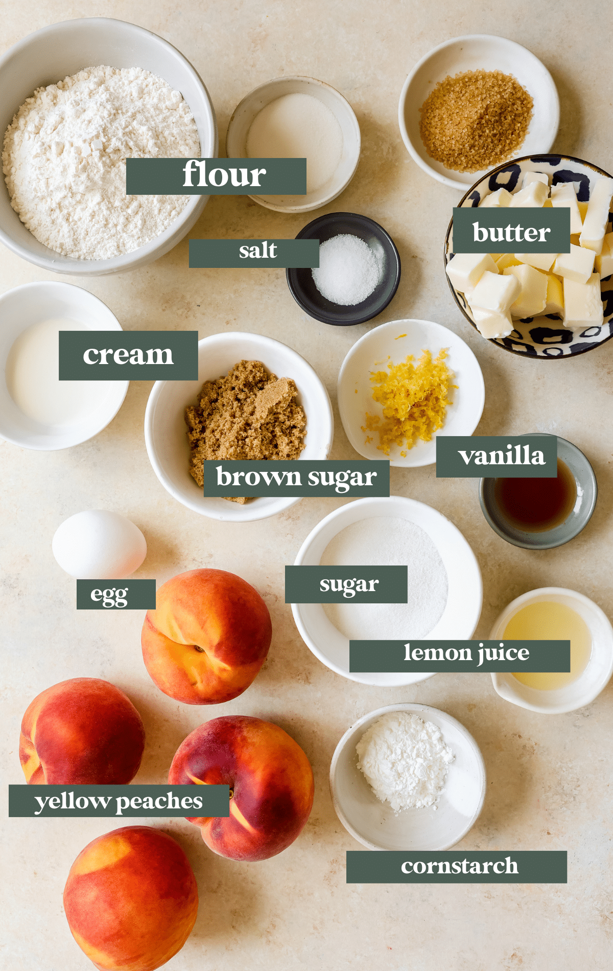 ingredients to make a galette in small glass dishes. 