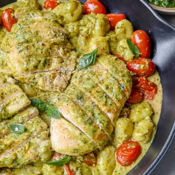 pesto gnocchi in a pan