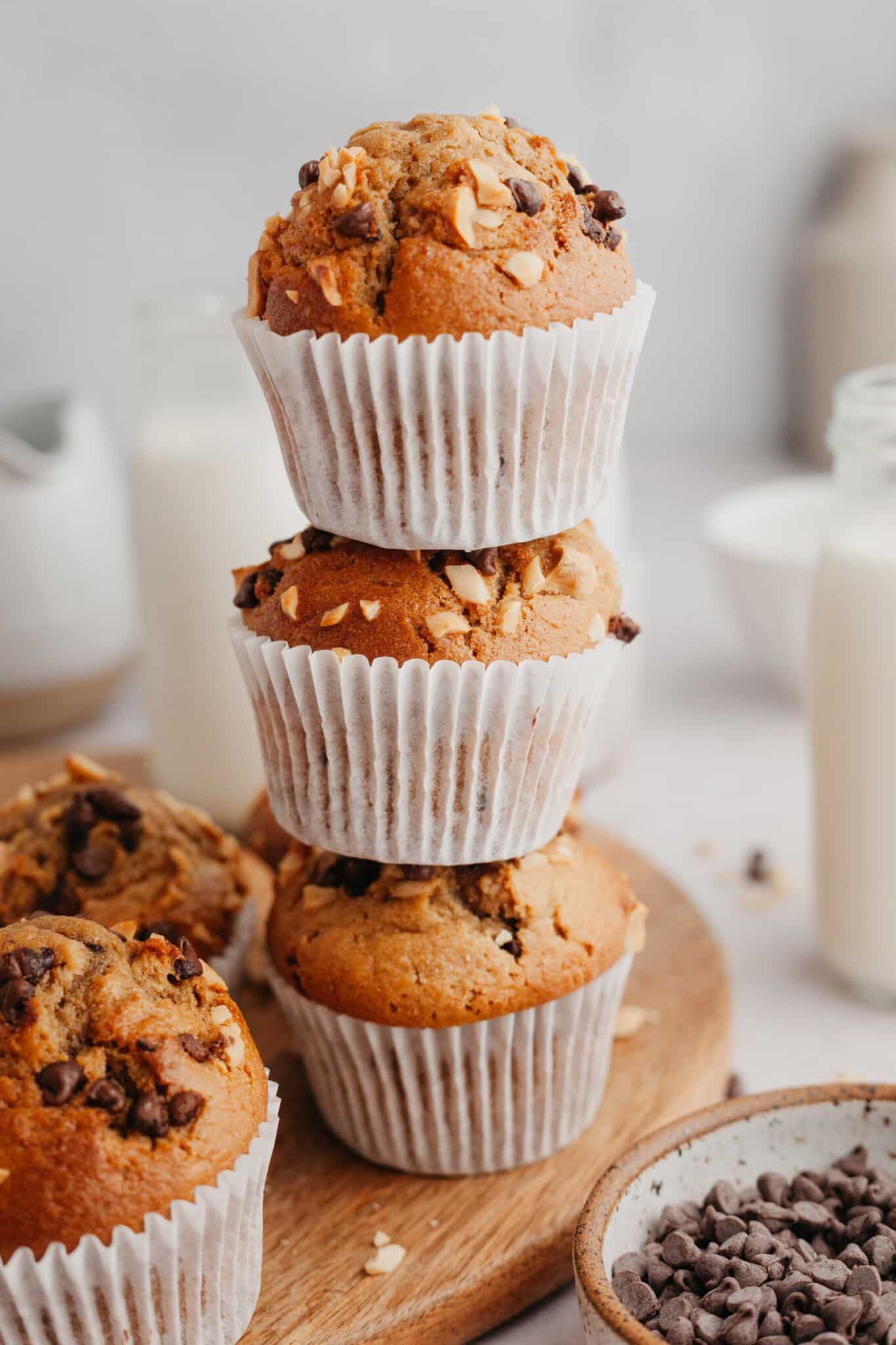 peanut butter muffins stacked on top of each other. 