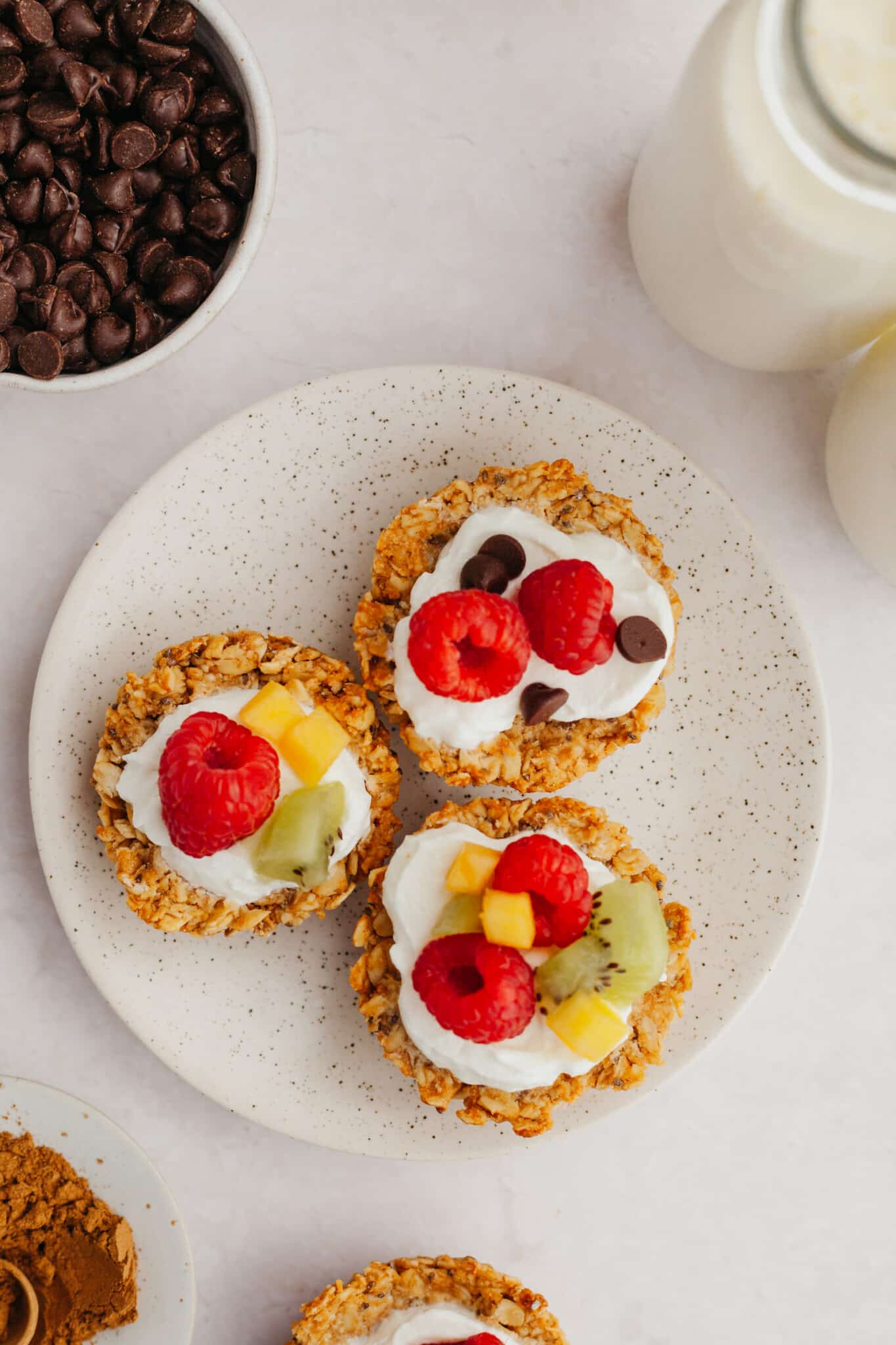 yogurt and fruit in an oatmeal cup.