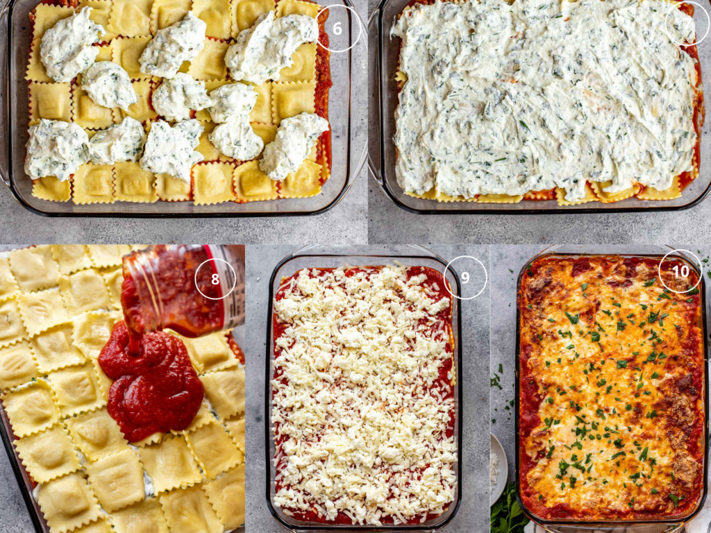 Step by step photos building ravioli lasagna. 