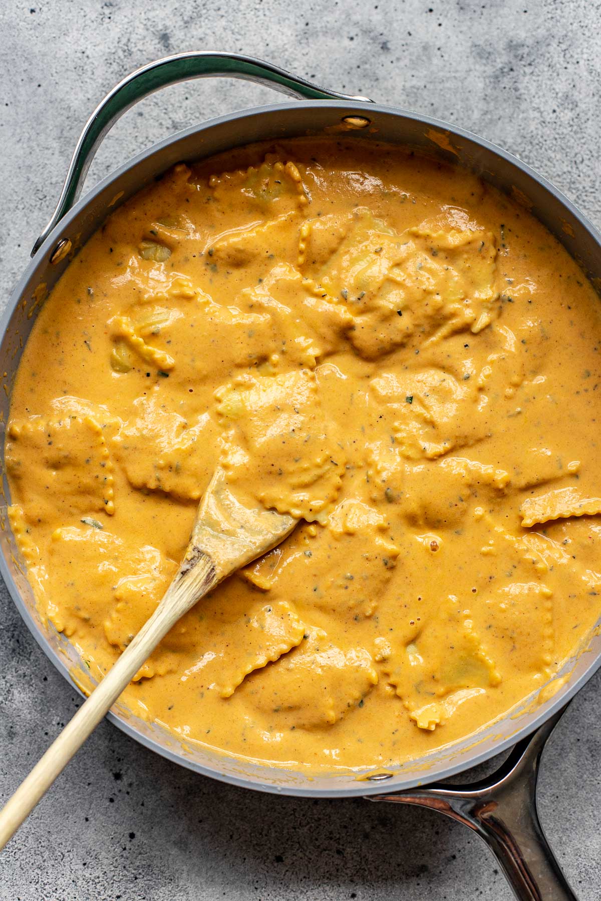 ravioli in pumpkin alfredo sauce.