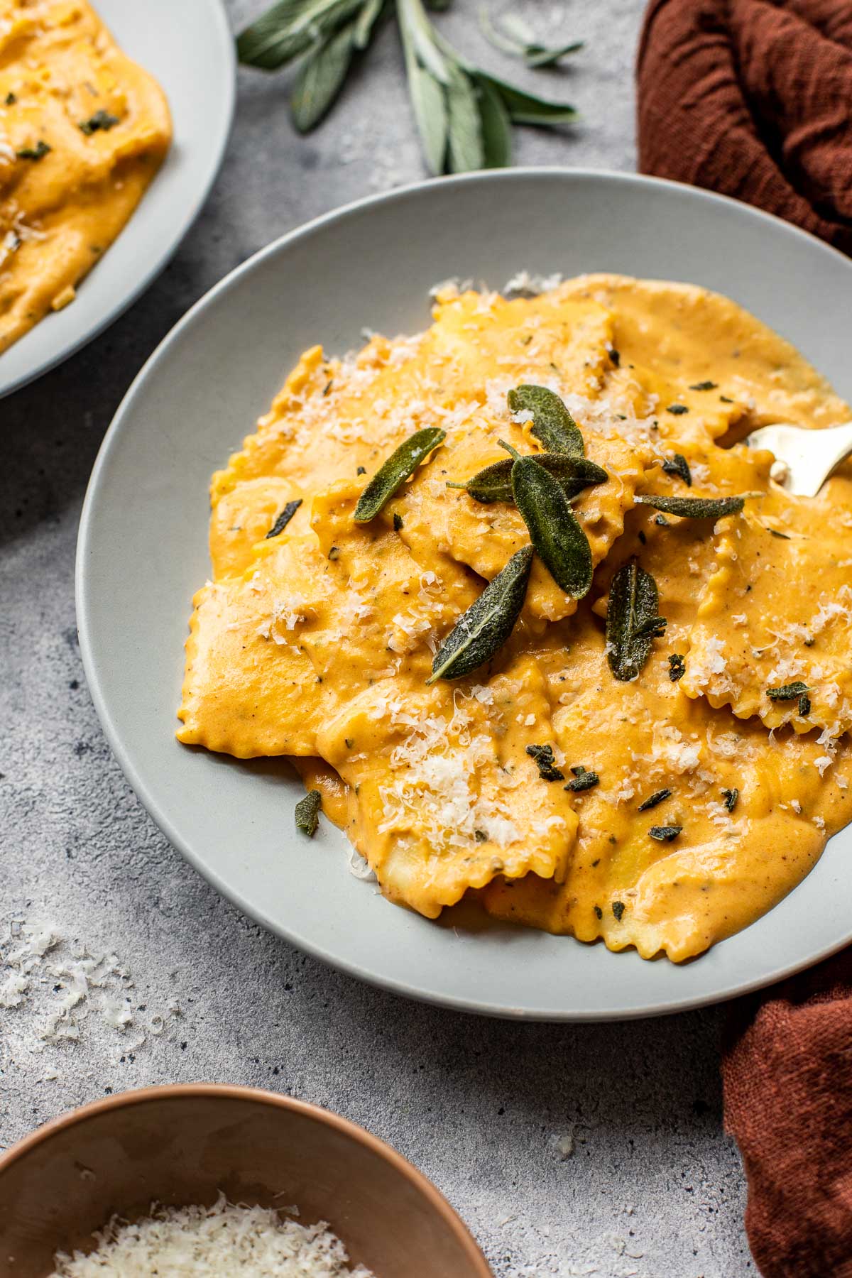 pumpkin alfredo with fresh sage on top.