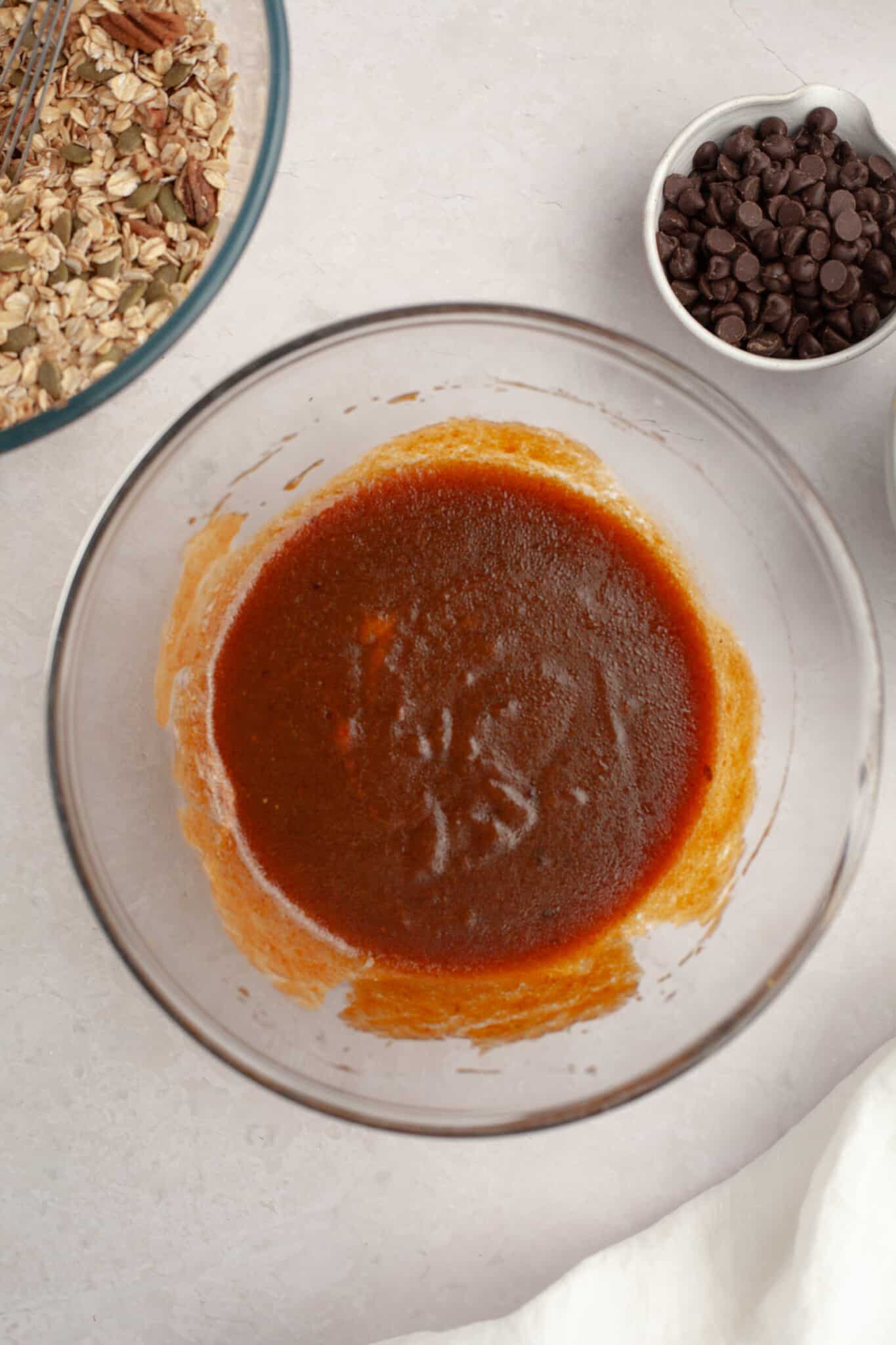 wet ingredients in a glass bowl.