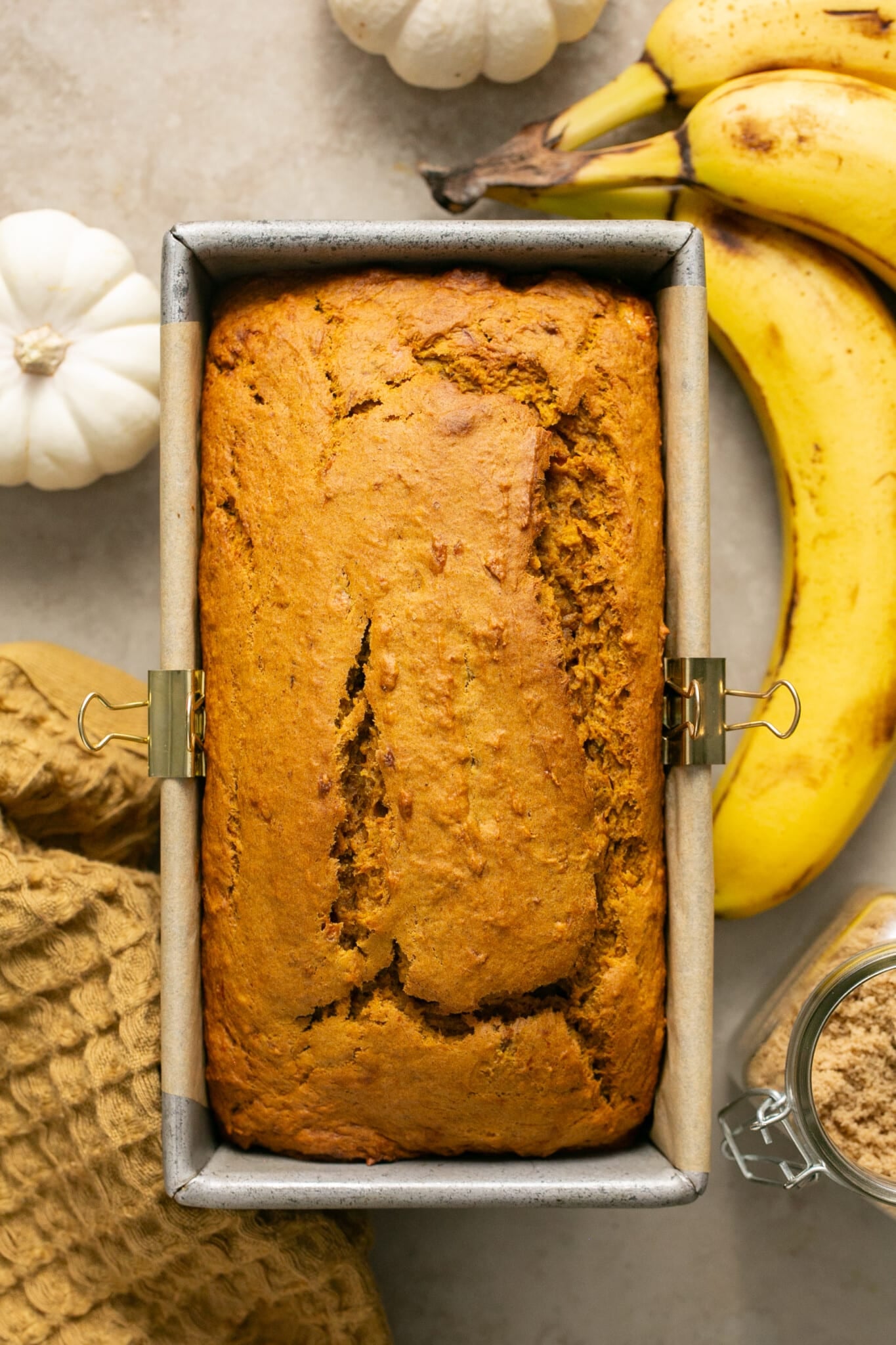 pumpkin banana bread in a loaf pan. 