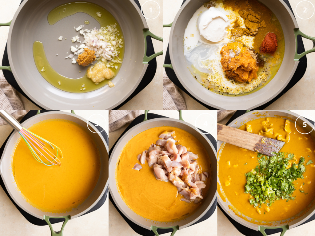 step by step photos making a curry sauce for chicken in a saute pan. 