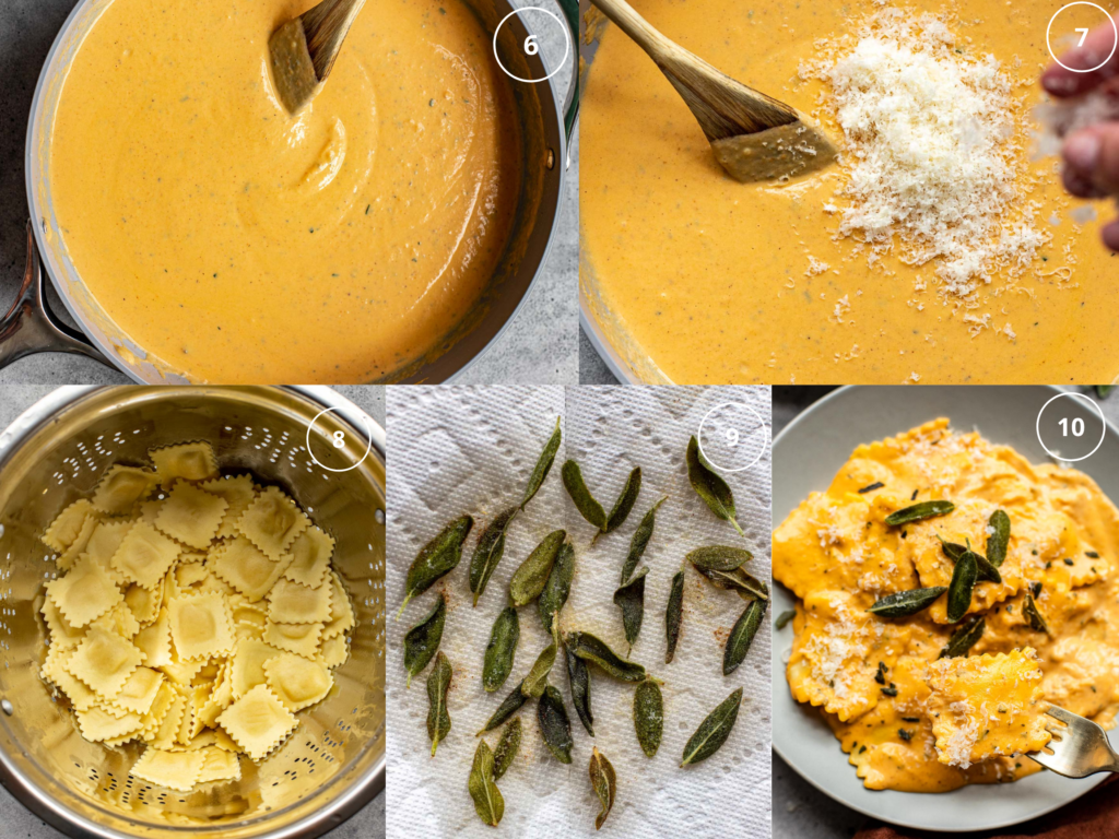 ravioli in pumpkin sauce with fried sage leaves on top.