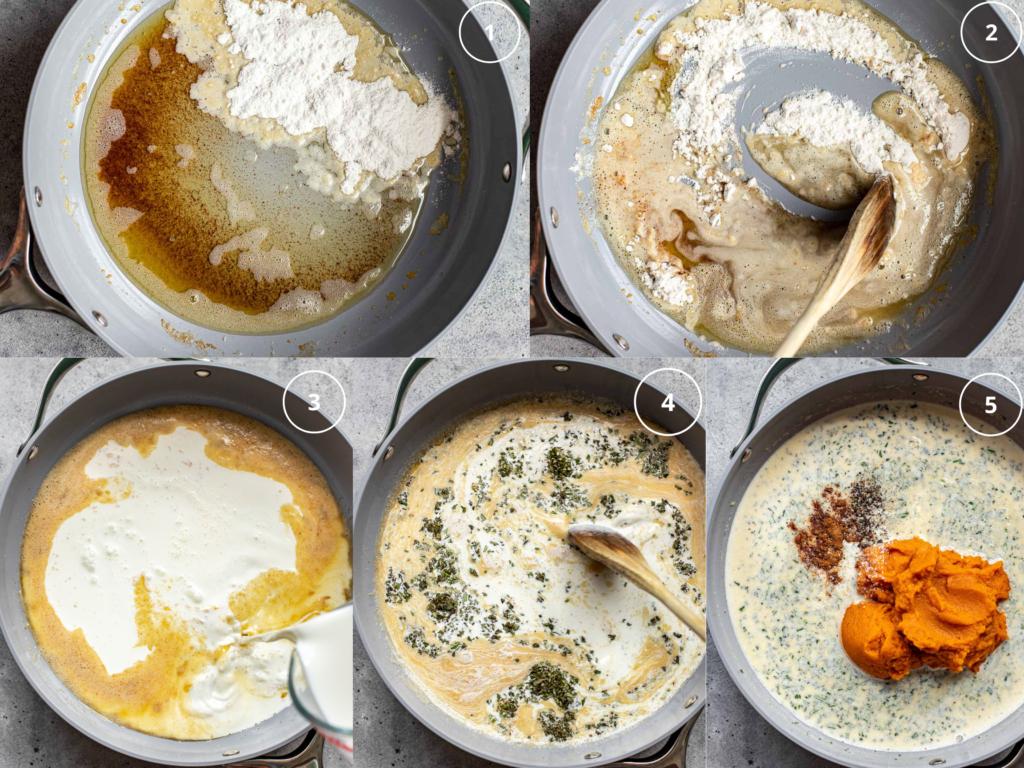 step by step photos of making the roux for alfredo sauce made with pumpkin. 