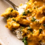white rice topped with pumpkin curry and chunks of chicken plus green herbs