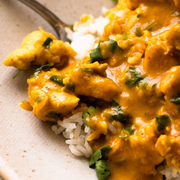 white rice topped with pumpkin curry and chunks of chicken plus green herbs