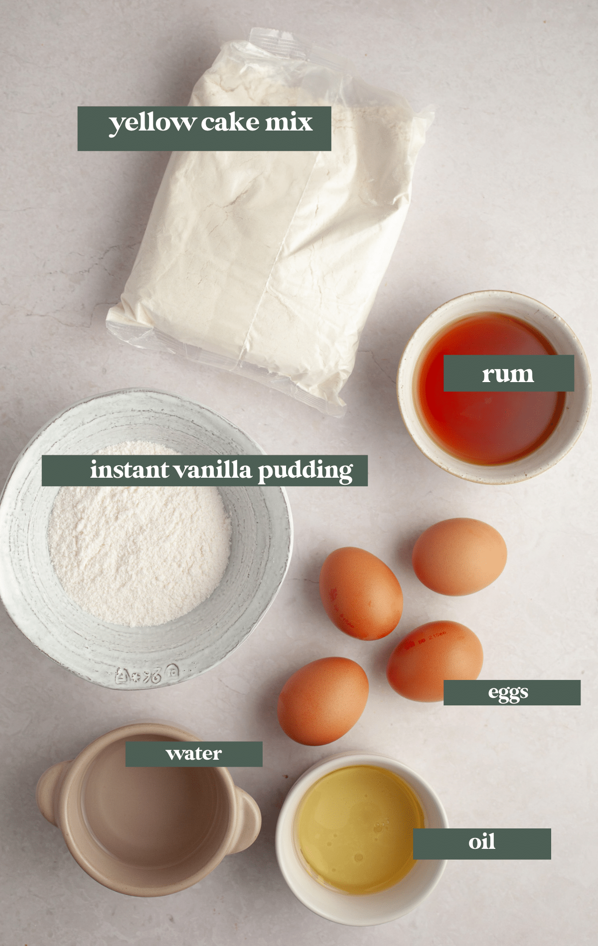 ingredients needed to make rum cake. 
