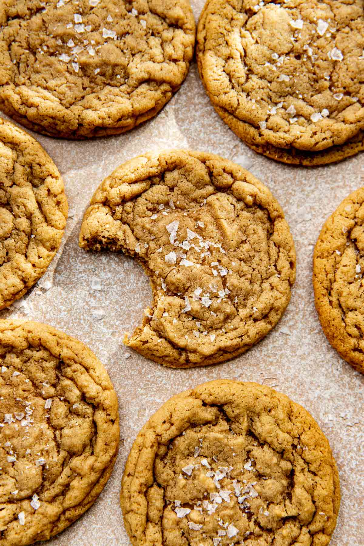 a bite taken out of a cookie made with no chocolate chips garnished with sea salt on top. 