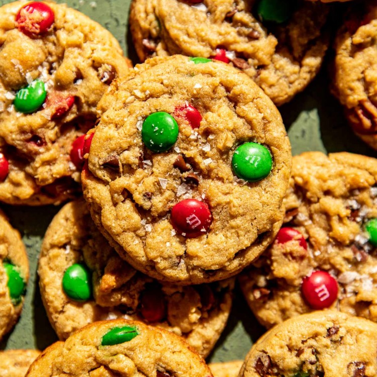 large cookies with green and red m&ms