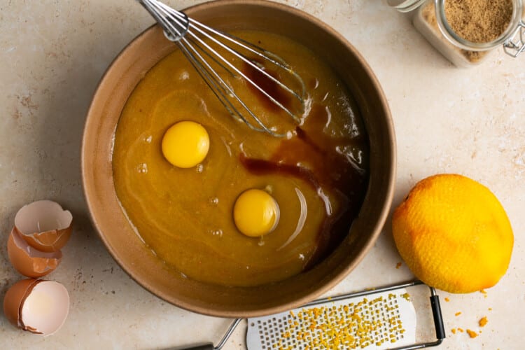 whisk and eggs in dough batter