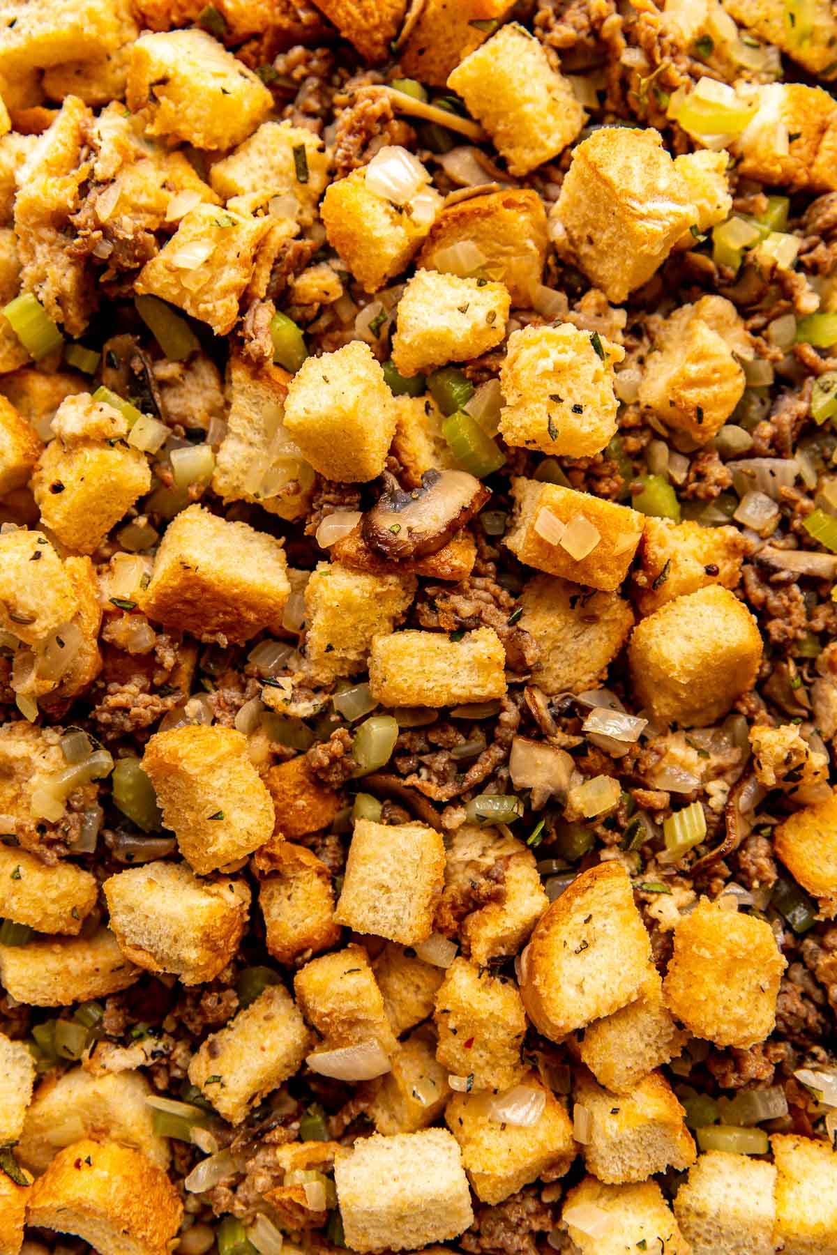 an up close image of sausage mushroom stuffing. 