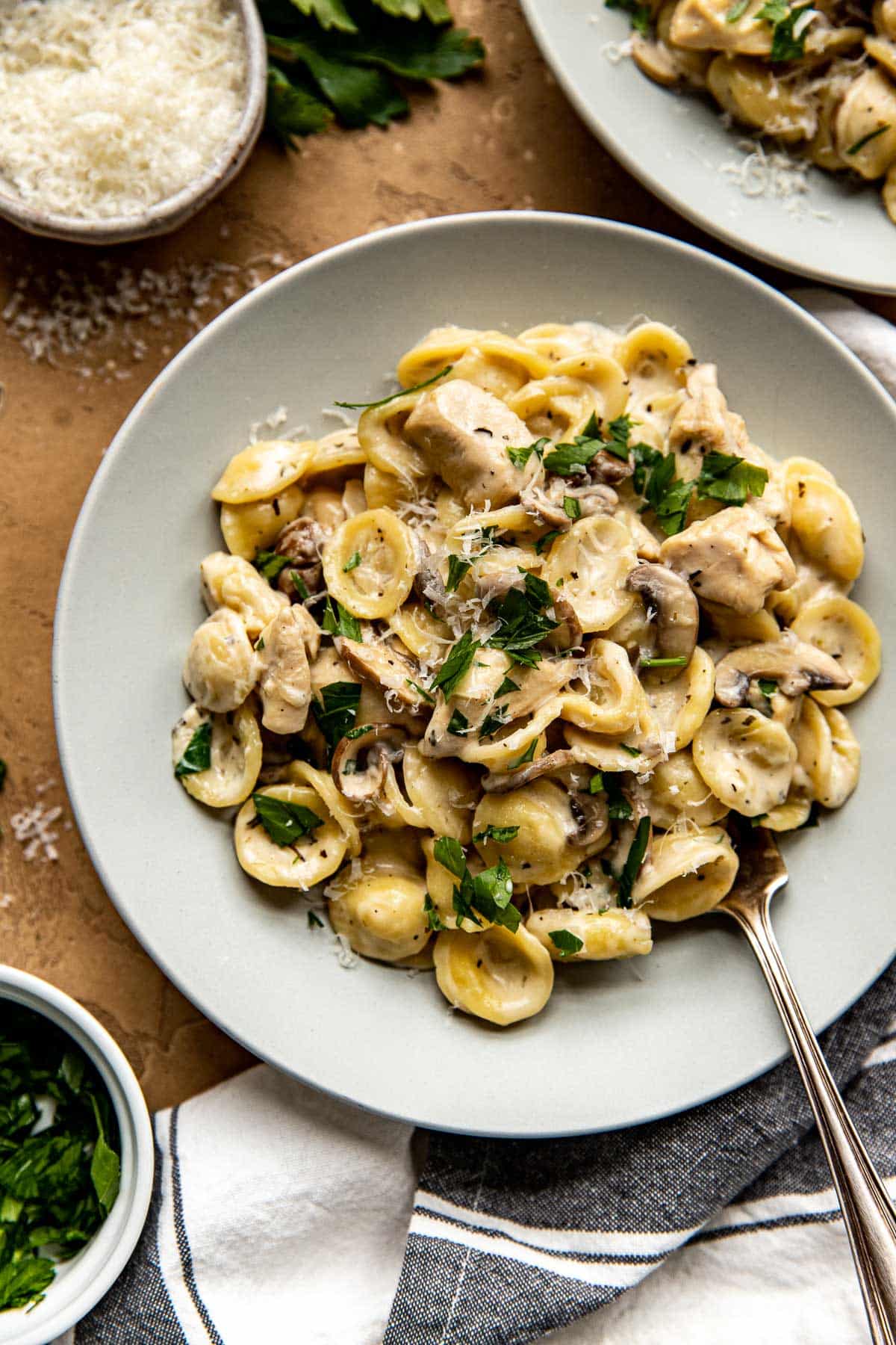 pasta in a bowl garnished with parsley and parmesan cheese. 
