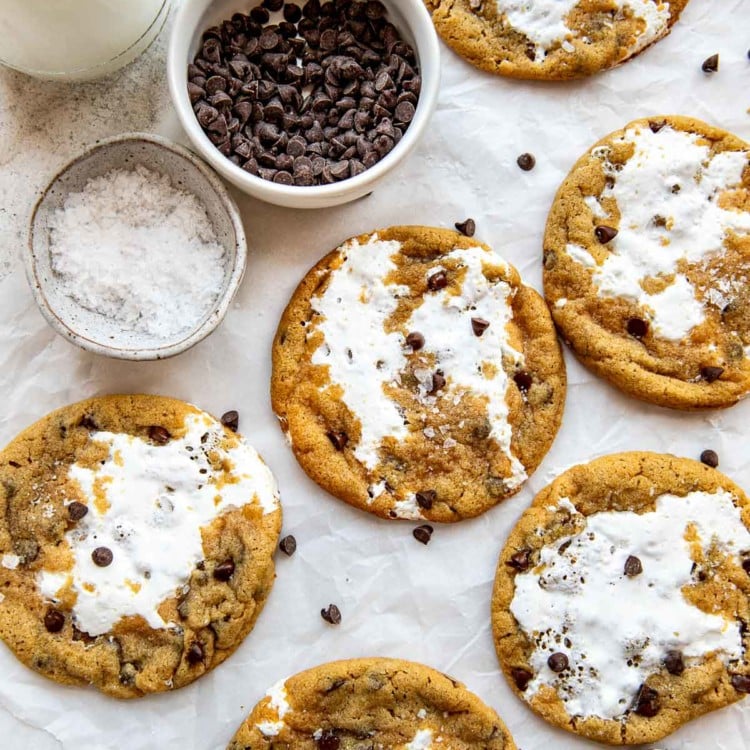 multiple fluffernutter cookies with mini chocolate chips
