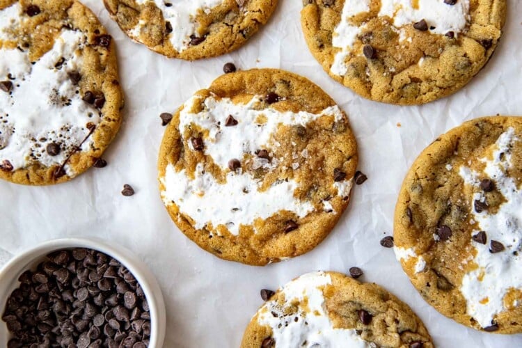 overhead shot of large fluffernutter cookies