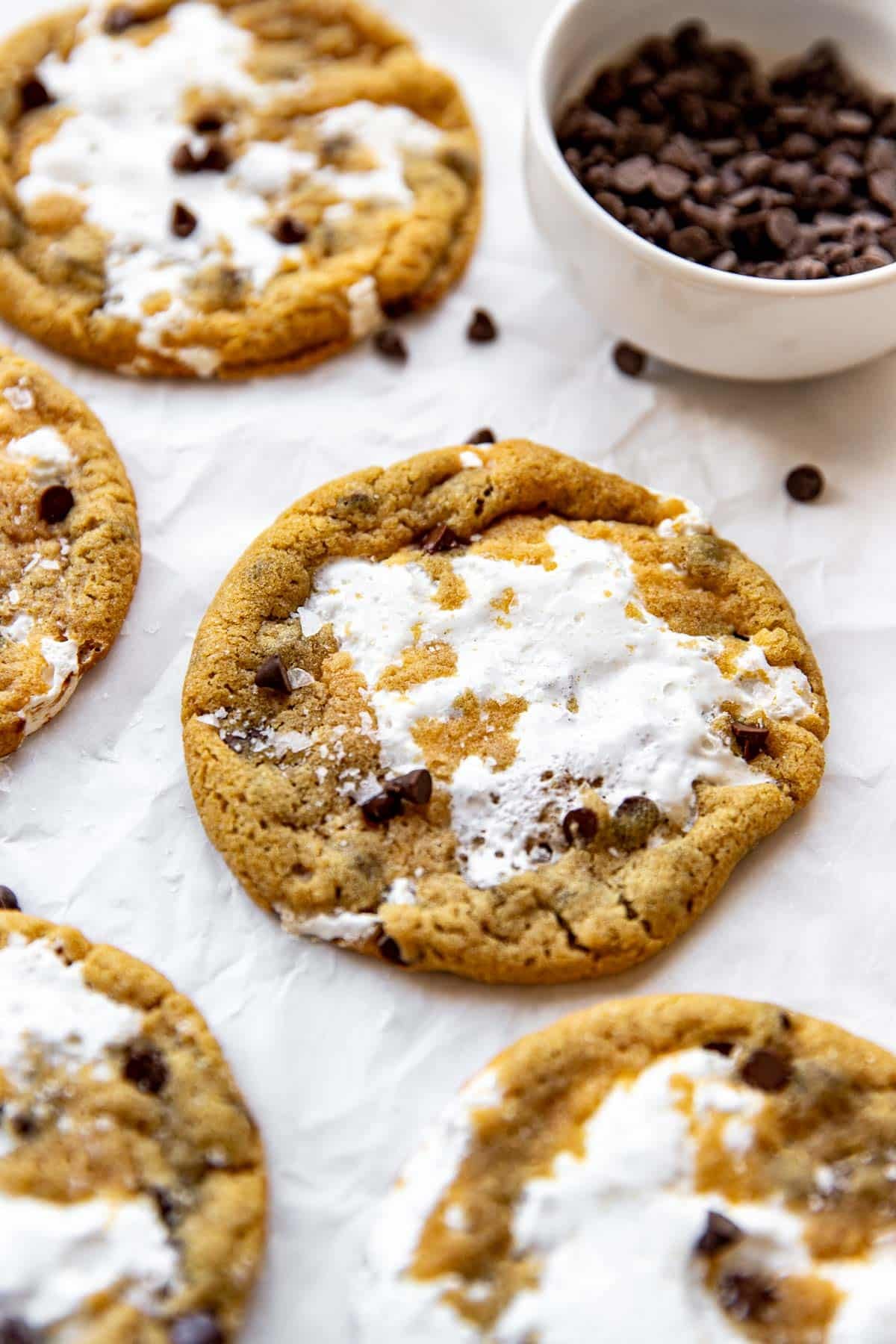 a peanut butter cookie with marshmallow fluff in the middle.
