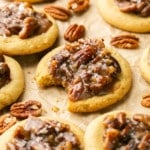 close up of pecan pie cookie with bite taken out