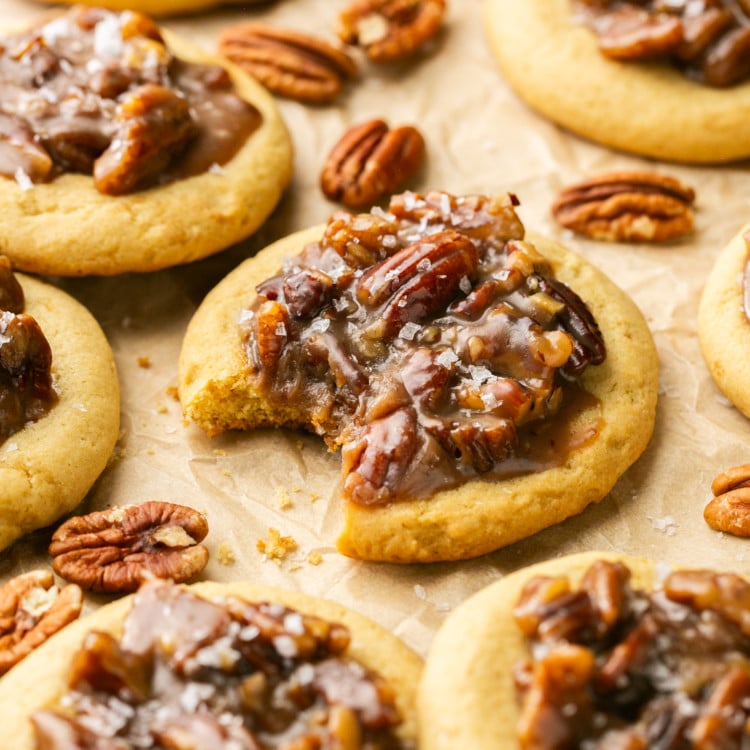 close up of pecan pie cookie with bite taken out