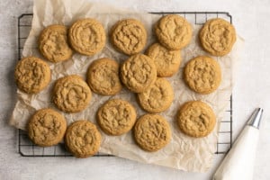 multiple tiramisu cookies on parchment paper