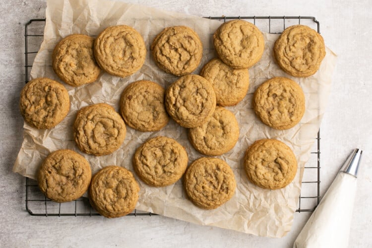 multiple tiramisu cookies on parchment paper