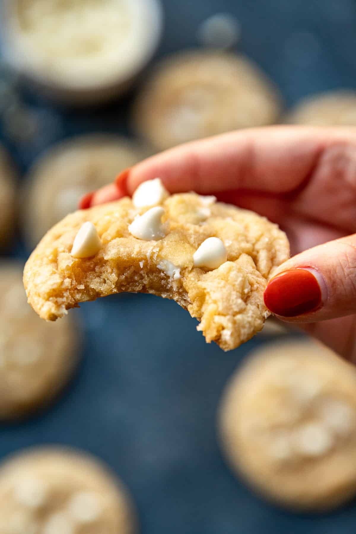 a womans hand holding a cookie. 