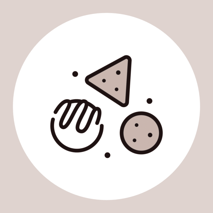 drawings of snacks in a white circle with light pink background