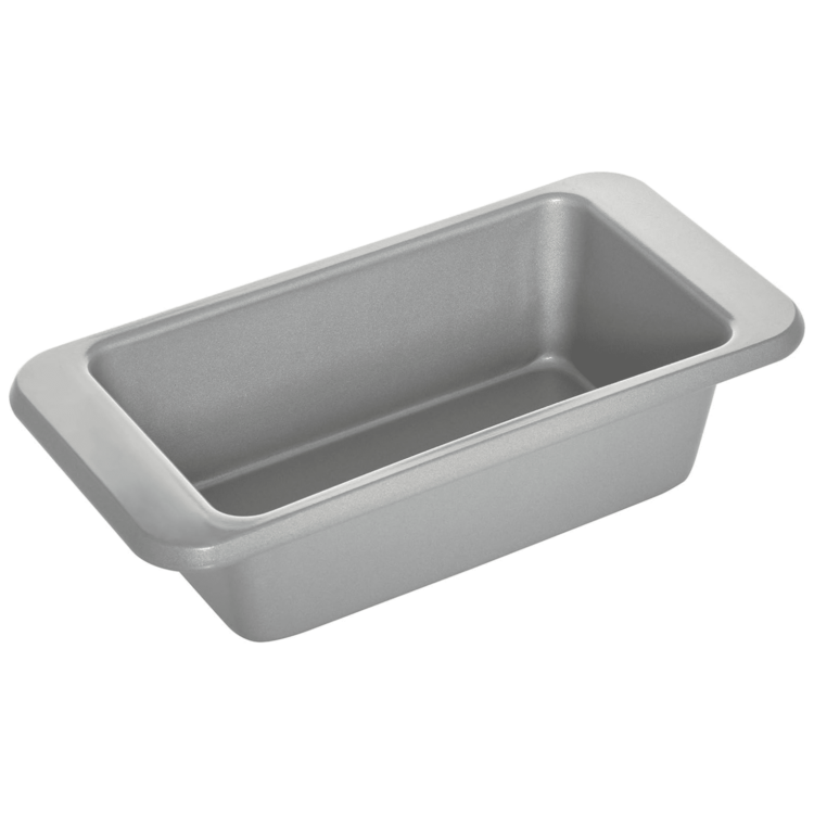 silver loaf pan on a white background