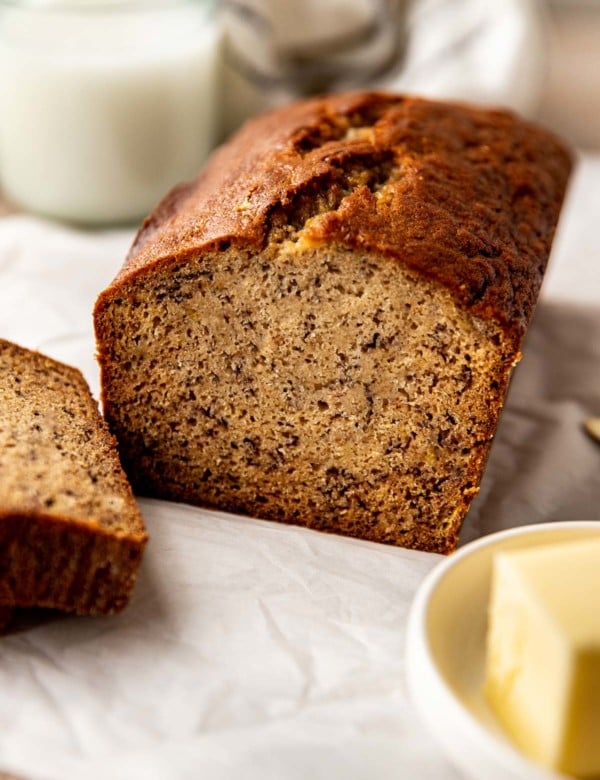 loaf of banana bread with slice cut off