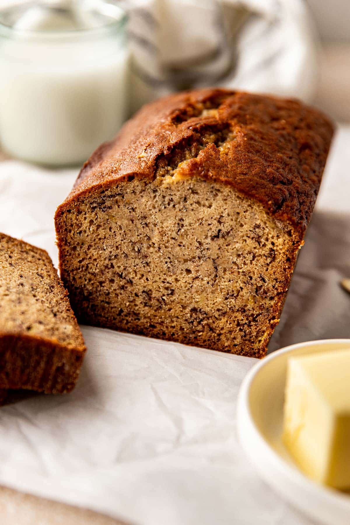 loaf of banana bread with slice cut off