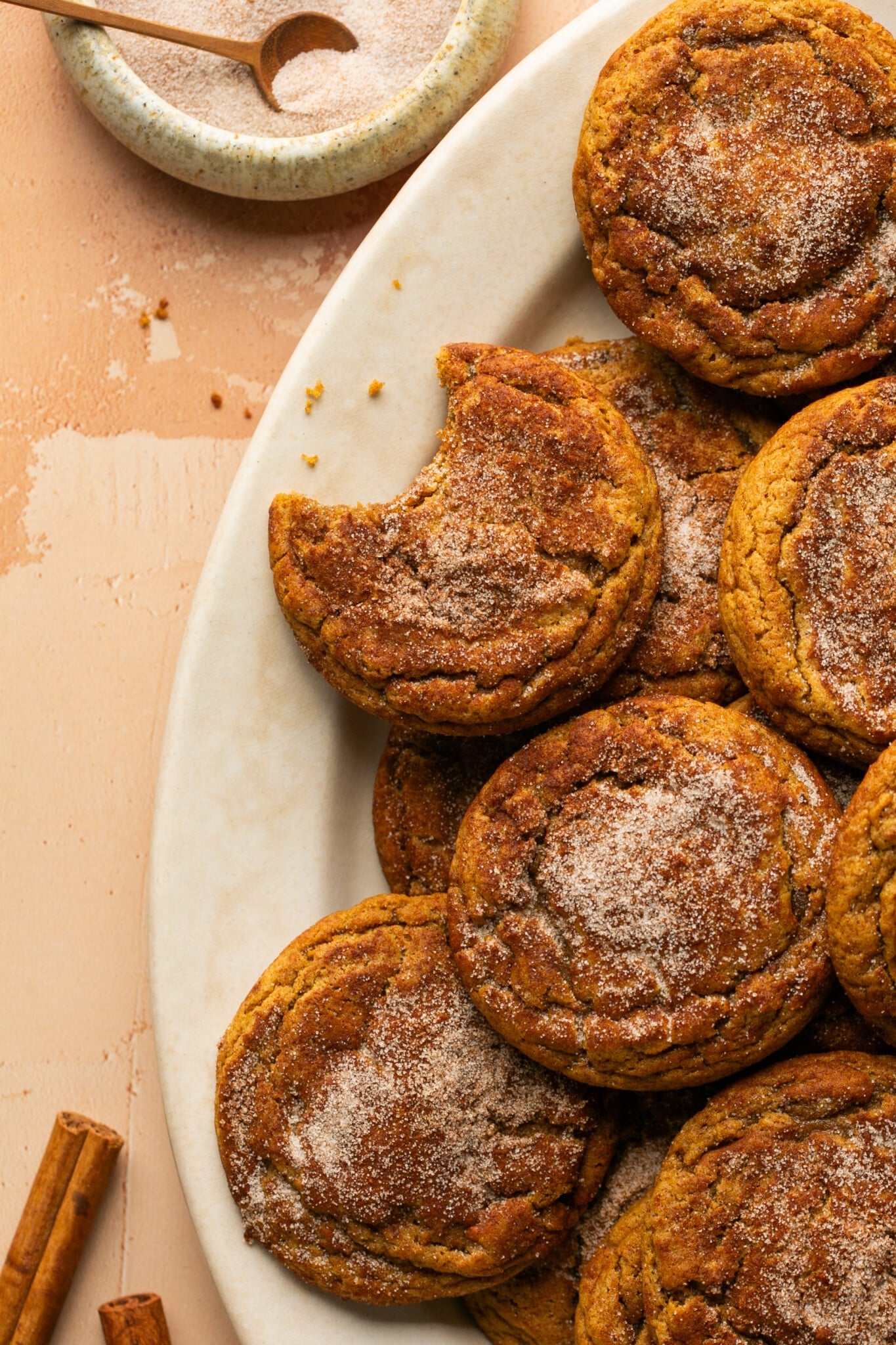 snickerdoodle cookies made with gingerbread spices on a platter. 