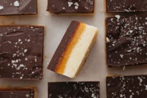 three-layered millionaire shortbread bar laid on its side