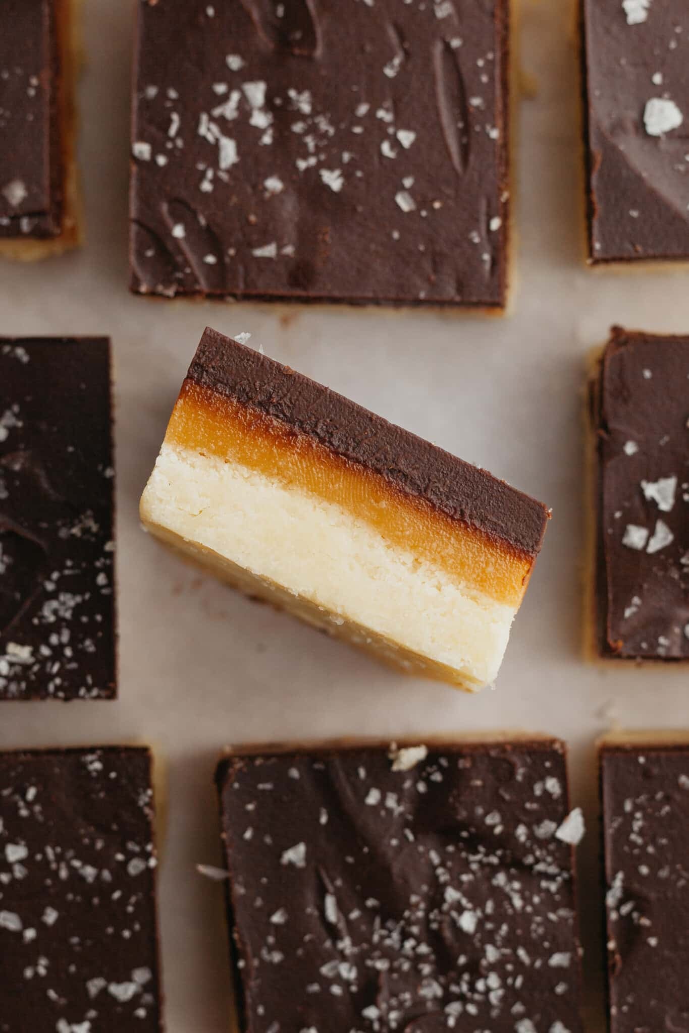 a close up photo showing the three layers in a millionaires bar. 