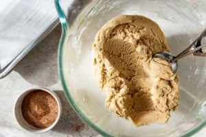 snickerdoodle cookie batter in a clear bowl