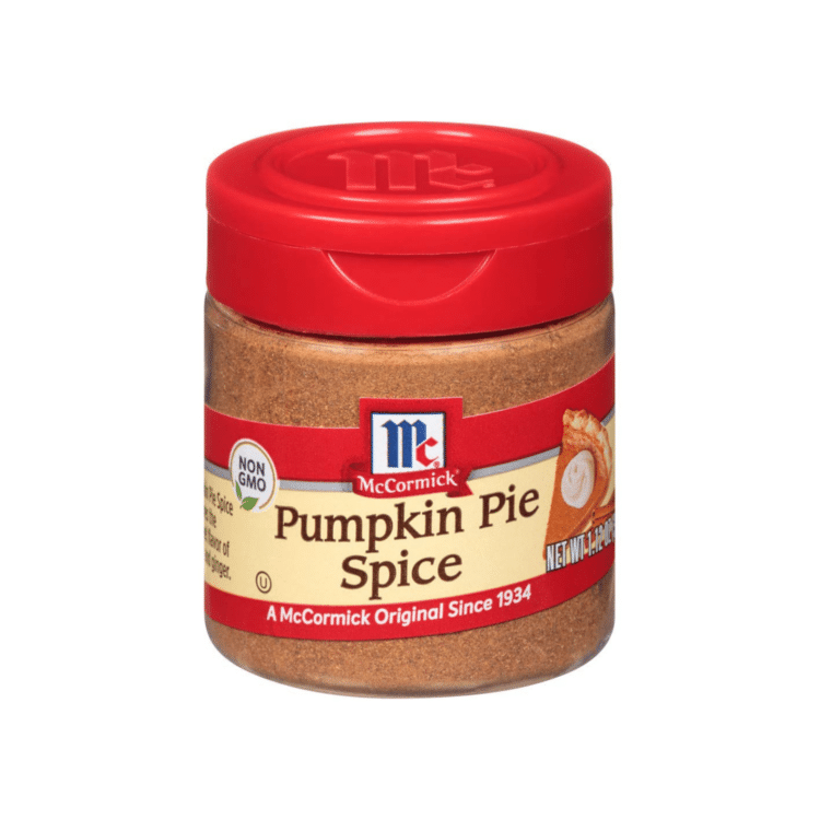 A small bottle of McCormick's pumpkin pie spice with a red cap
