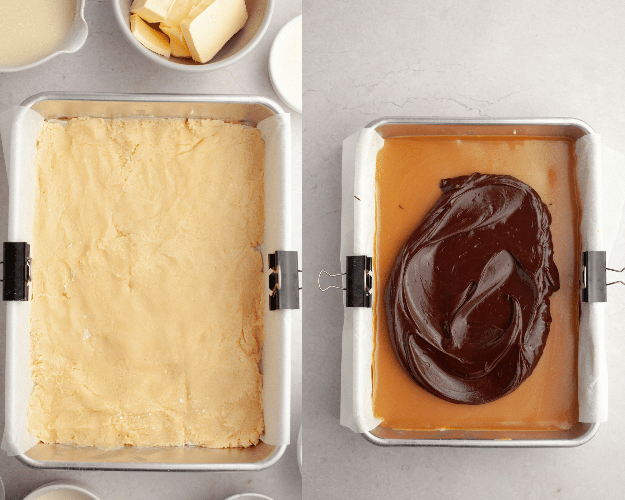 shortbread crust in a 9x13 pan with caramel and chocolate on top. 