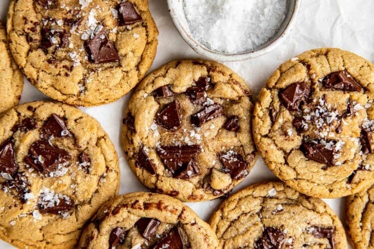 cookies made with chocolate chunks and flaky sea salt on top.