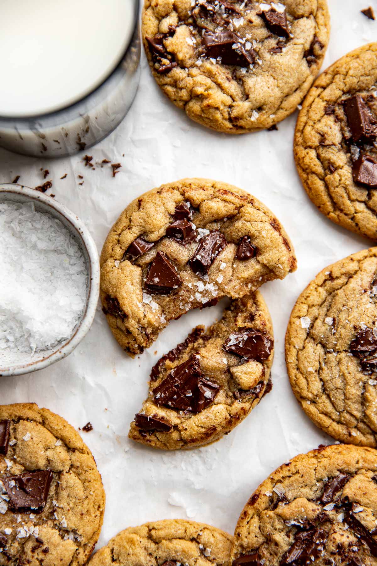 a chocolate chip cookie with flaky sea salt on top. 
