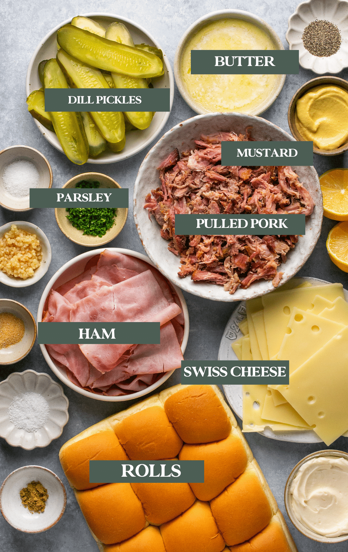 ingredients needed to make cuban sliders in small glass dishes. 