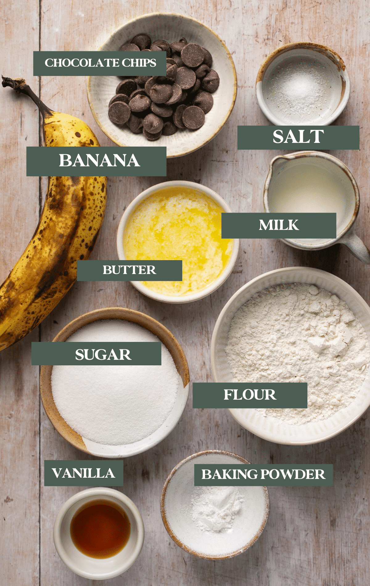 ingredients to make a mug cake in small glass bowls.