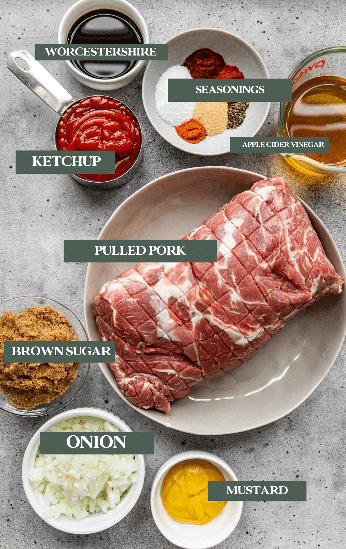 ingredients in glass dishes needed to make pulled pork. 