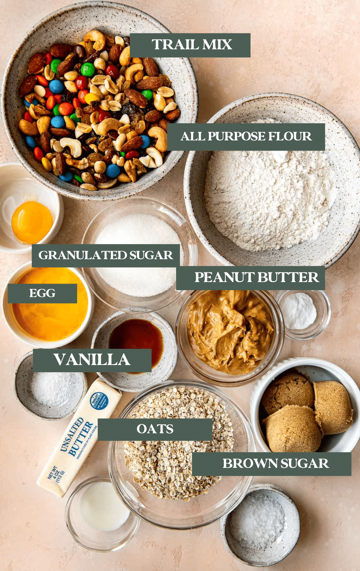 ingredients to make cookies in small glass bowls. 