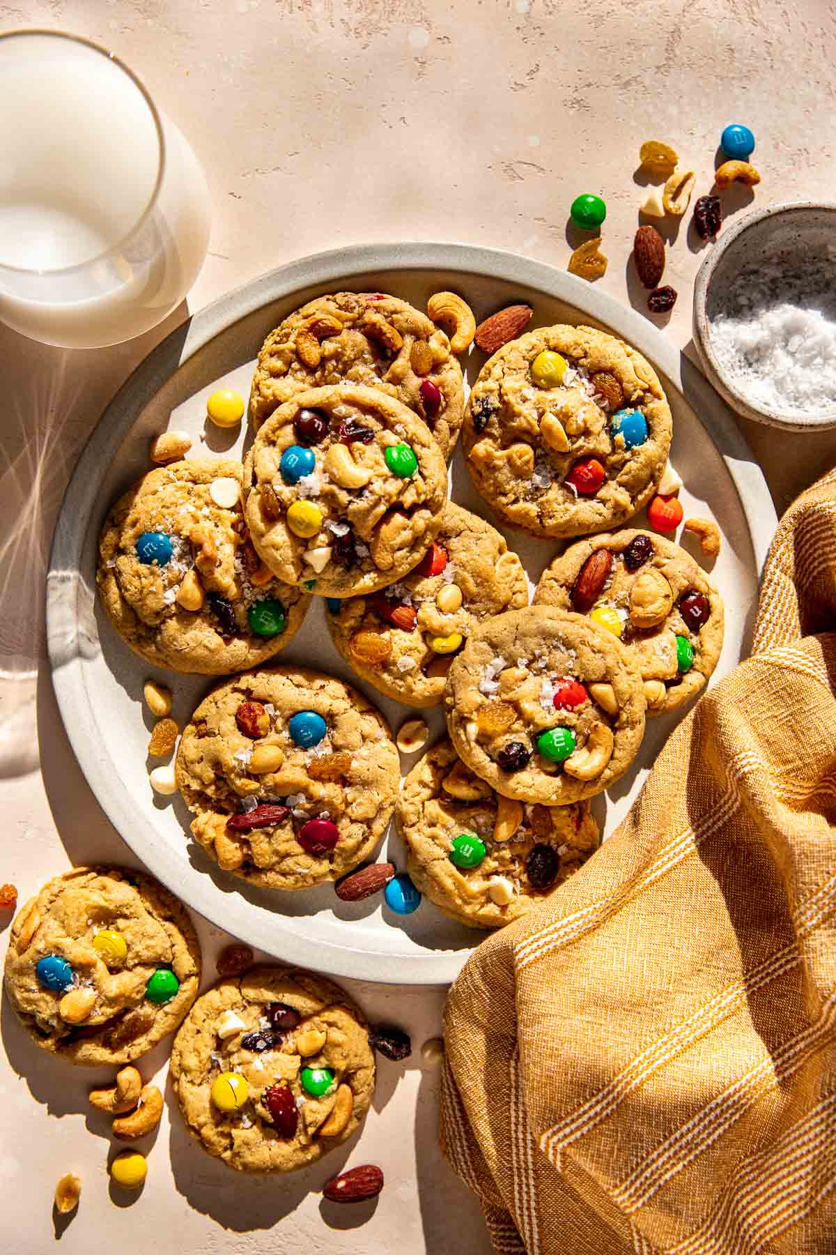trail mix cookies on a white plate.