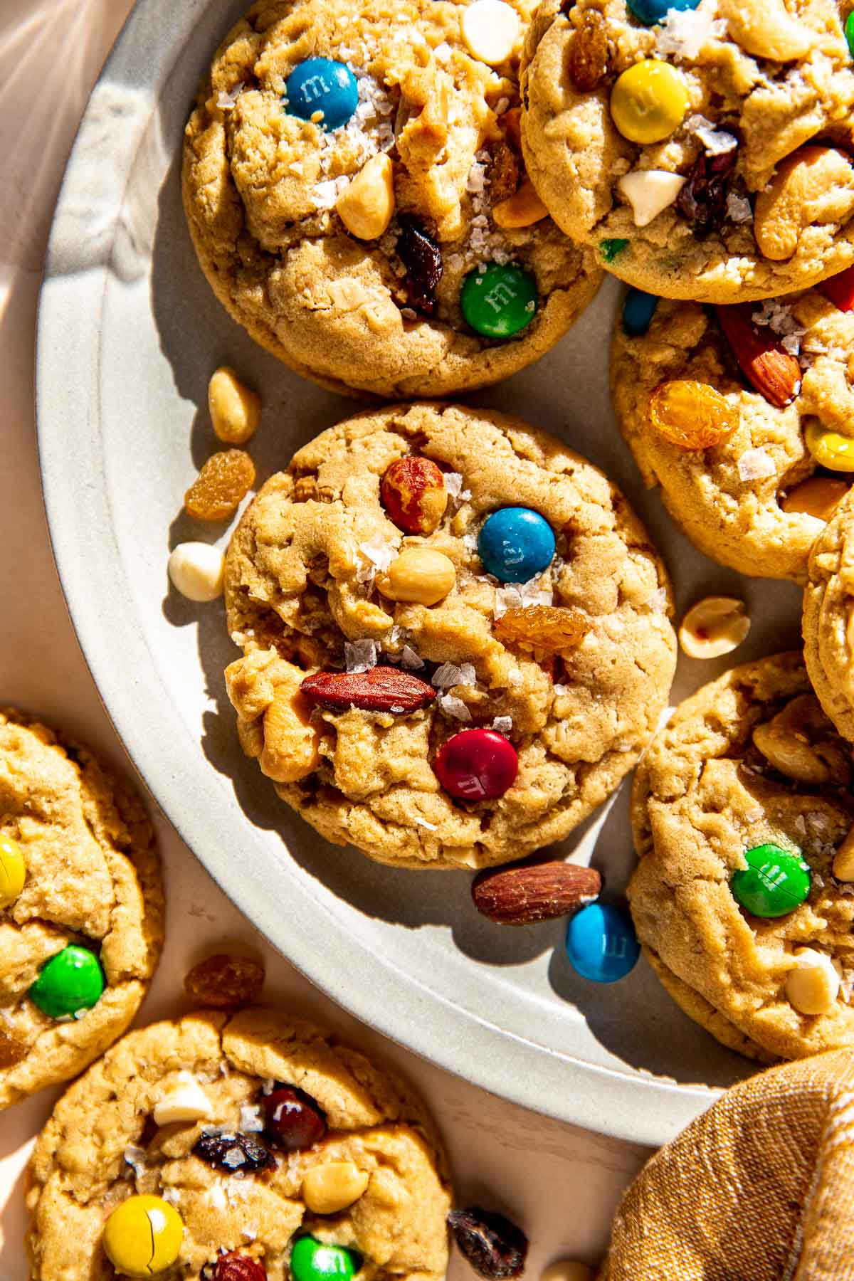 cookies on a white plate made with trail mix. 