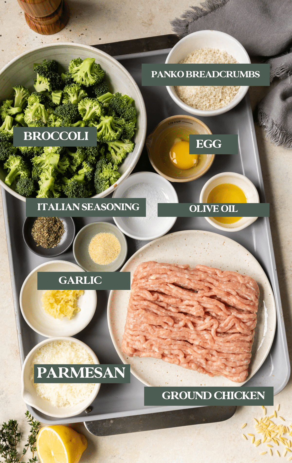 ingredients needed to make chicken meatballs in small glass bowls. 