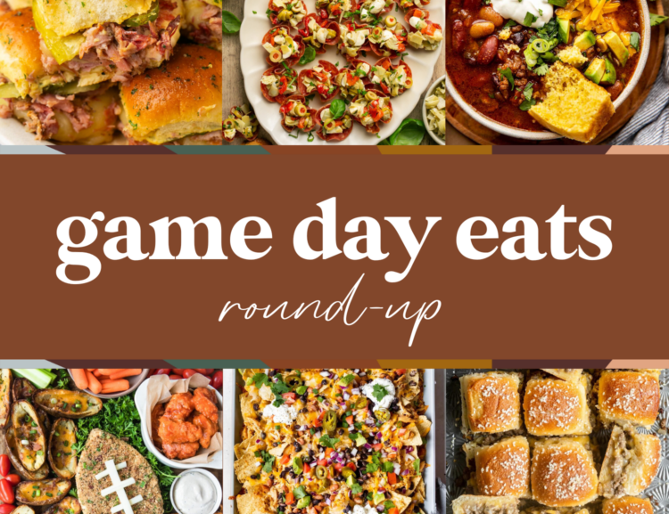 images of six appetizer dishes with text in the center reading game day eats round-up